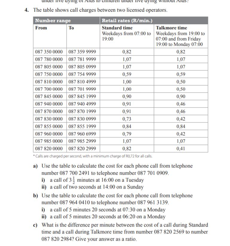 wymg 4. The table shows call charges between two