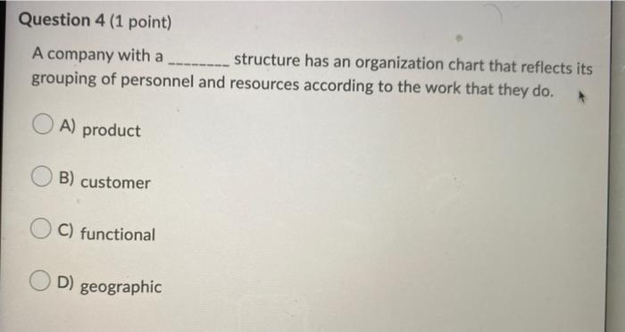 Question 4 (1 point) A company with a structure