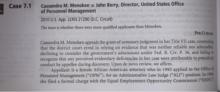 Case 7.1 Cassandra M. Menoken v. John Berry,
