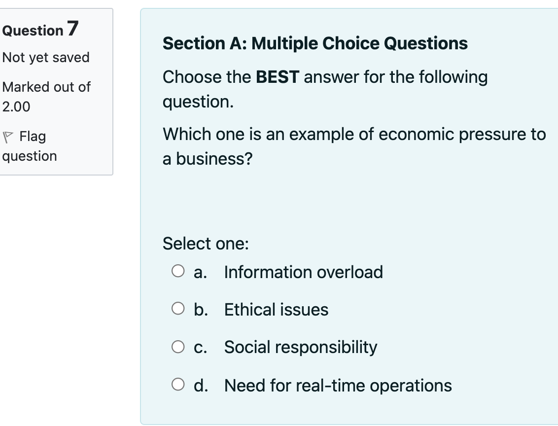 Question 7 Section A: Multiple Choice Questions