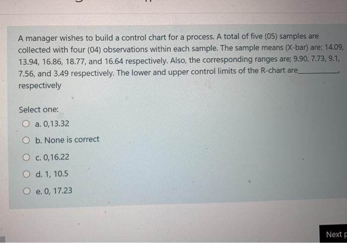 A manager wishes to build a control chart for a