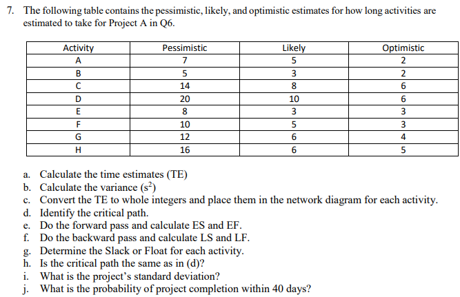 7. The following table contains the pessimistic,