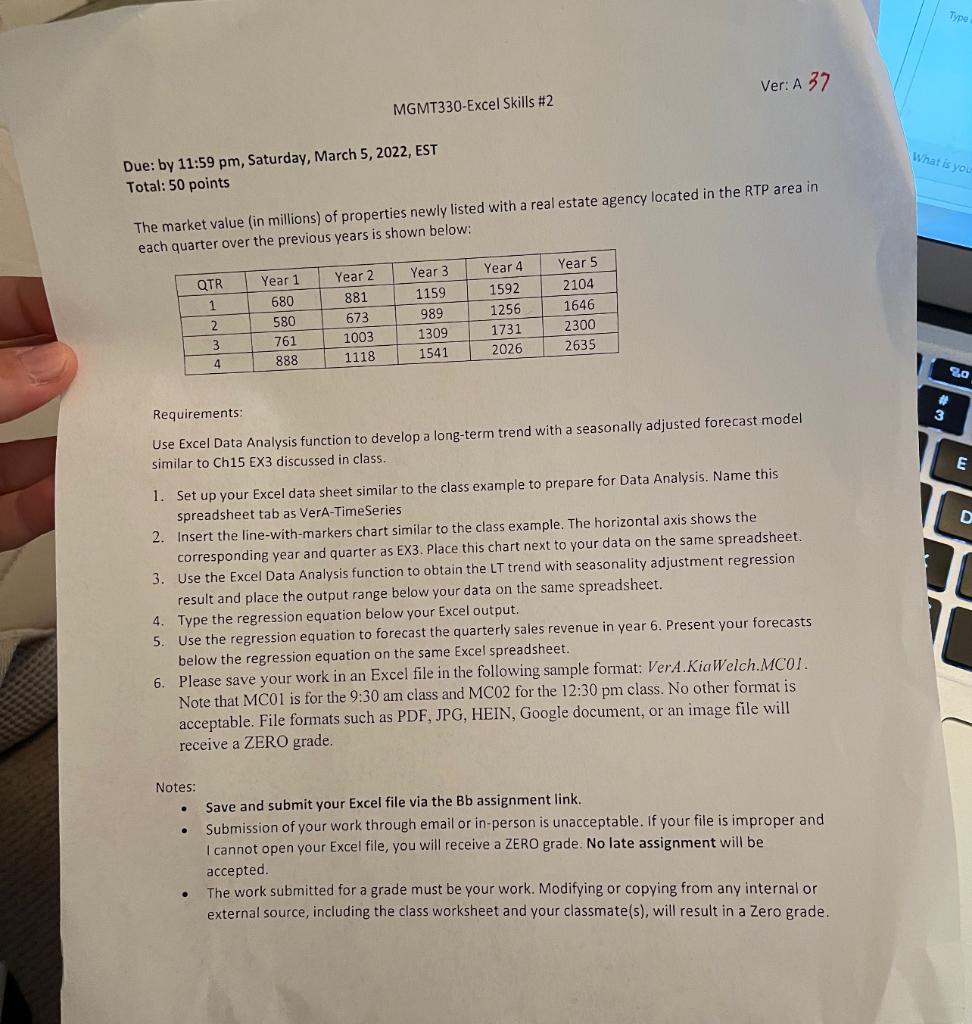 Typo Ver: A 37 MGMT330-Excel Skills #2 What is yo