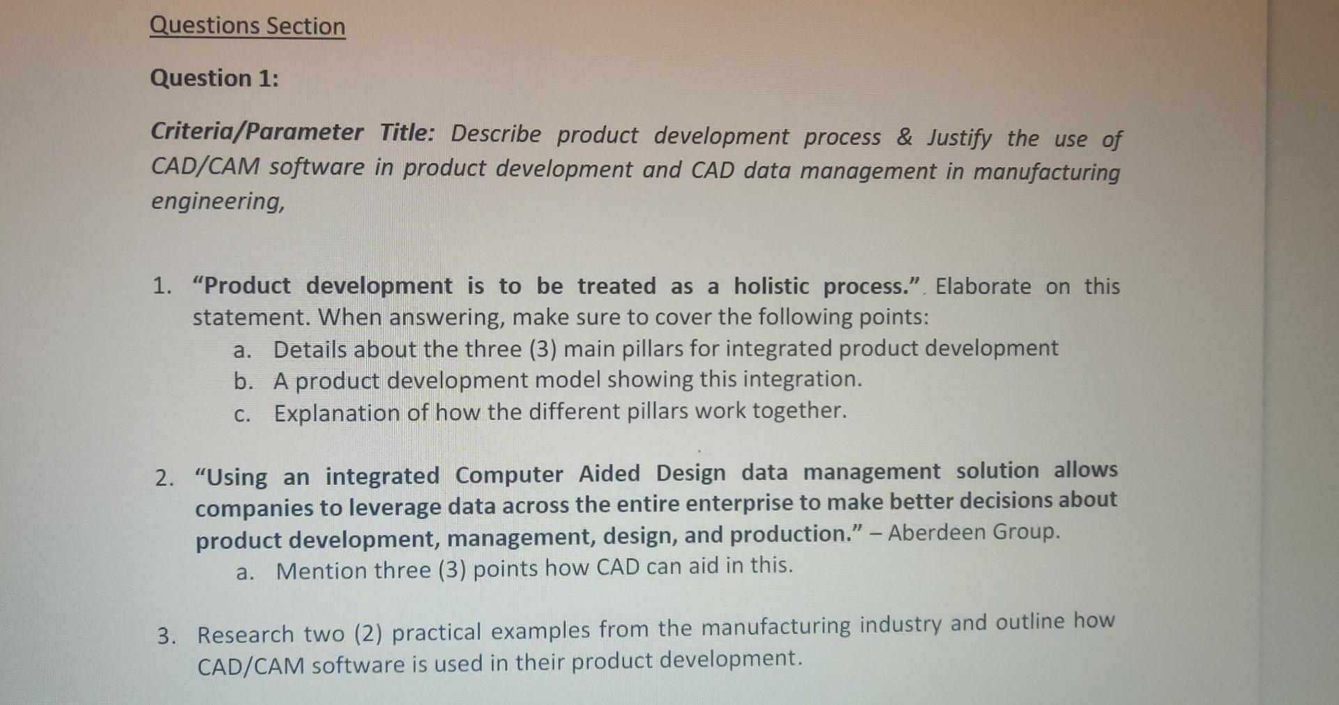 Questions Section Question 1: Criteria/Parameter