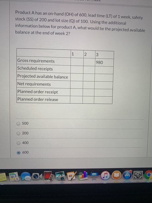 D ane Product A has an on-hand (OH) of 600, lead