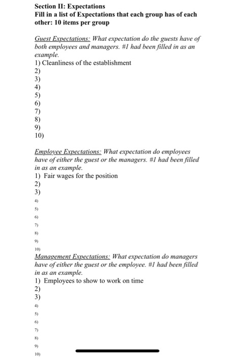 Section II: Expectations Fill in a list of