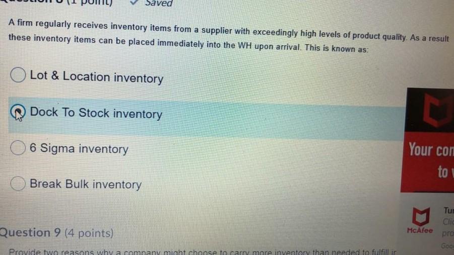 Question 2 (1 point) Saved The warehouse manager