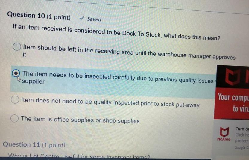 Question 2 (1 point) Saved The warehouse manager