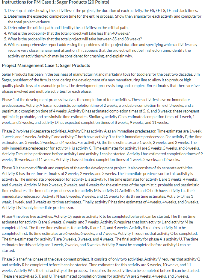 Instructions for PM Case 1: Sager Products (20