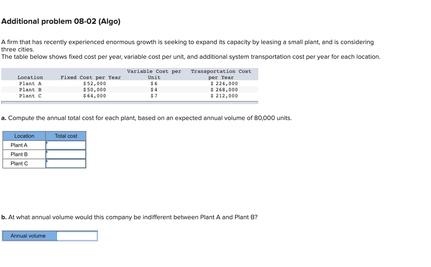 Additional problem 08-02 (Algo) A firm that has