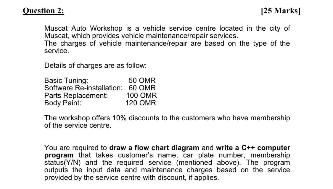 Question 2: [25 Marks] Muscat Auto Workshop is a