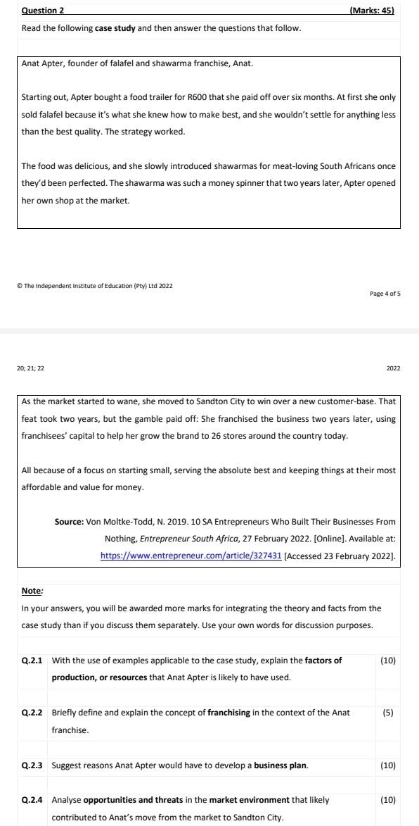 Question 2 (Marks: 45) Read the following case