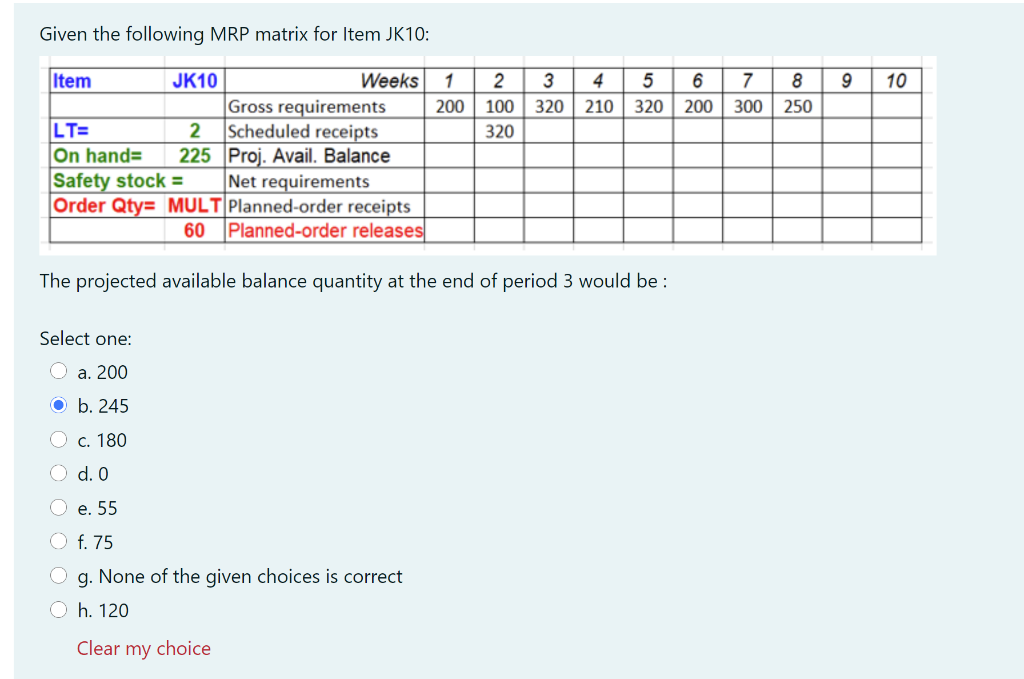 Given the following MRP matrix for Item JK10: 8 9