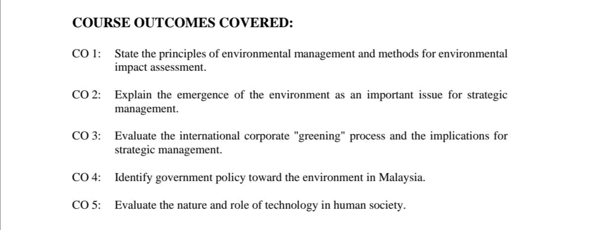 COURSE OUTCOMES COVERED: CO 1: State the