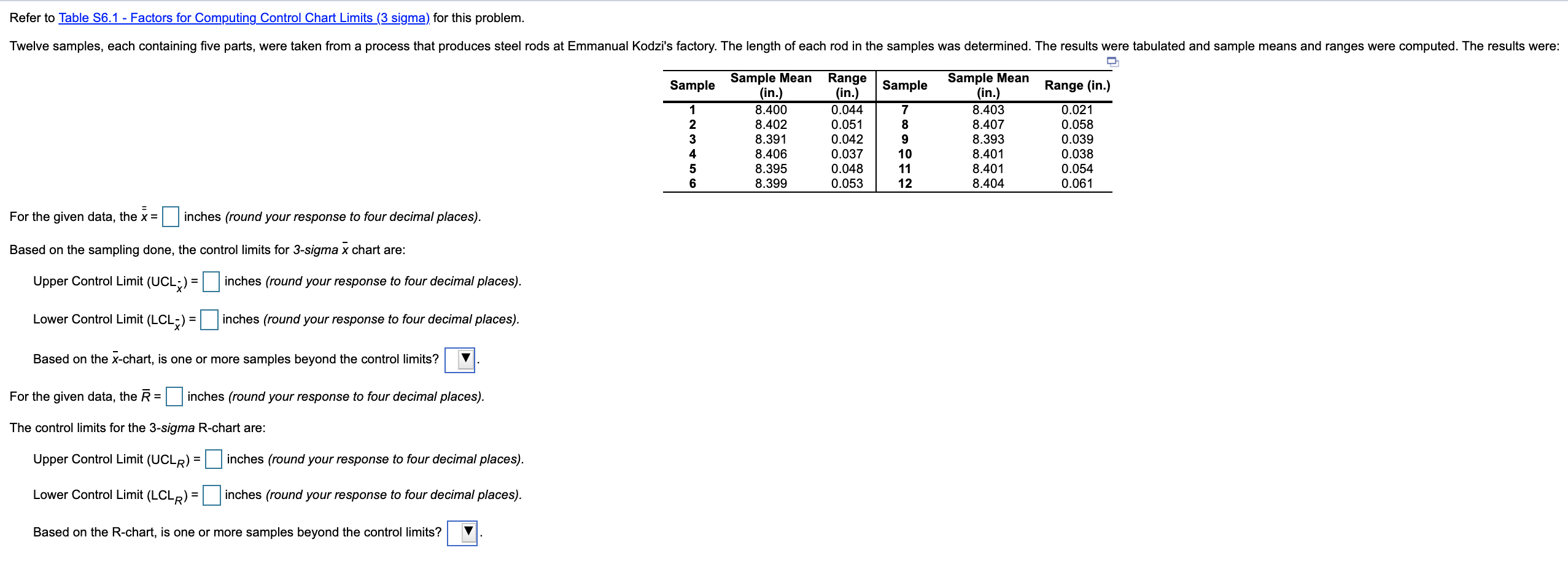 Refer to Table S6.1 - Factors for Computing