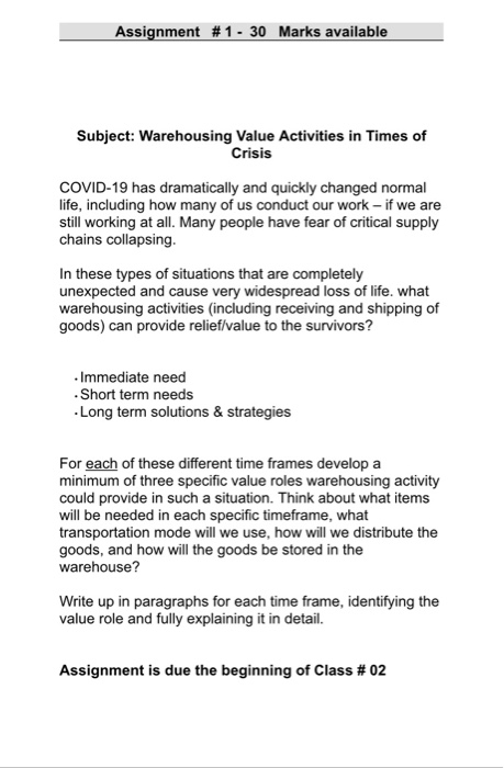 Assignment #1 - 30 Marks available Subject: