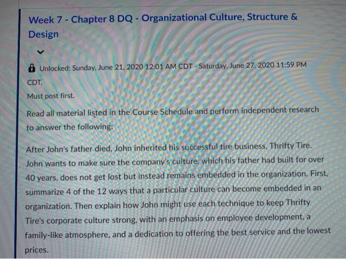 Week 7 - Chapter 8 DQ - Organizational Culture,