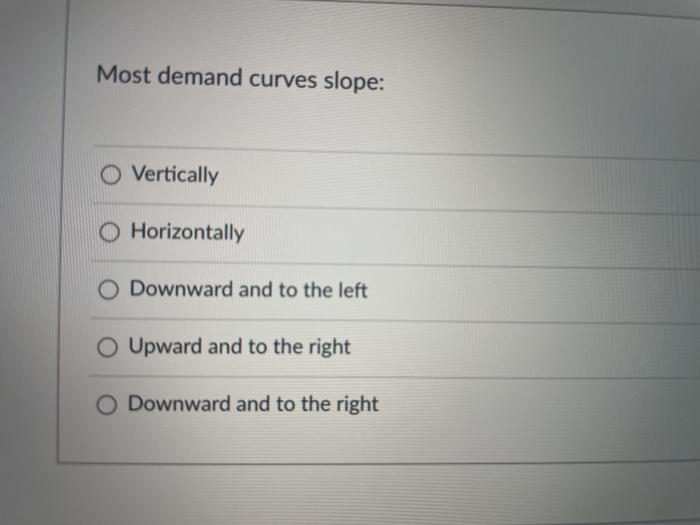 Most demand curves slope: Vertically Horizontally