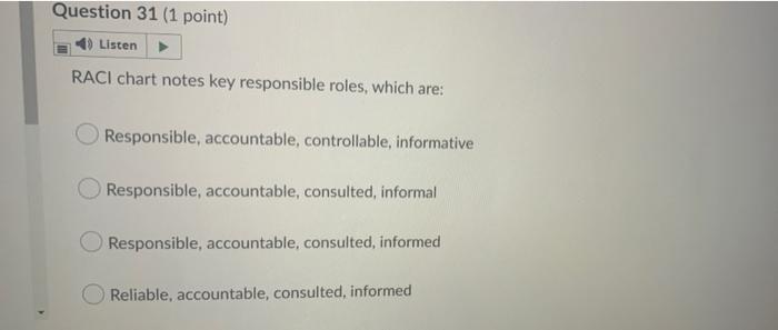 Question 31 (1 point) 4) Listen RACI chart notes
