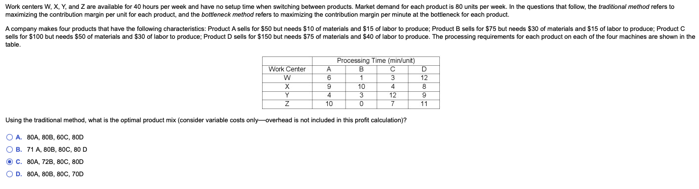 Work centers W, X, Y, and Z are available for 40