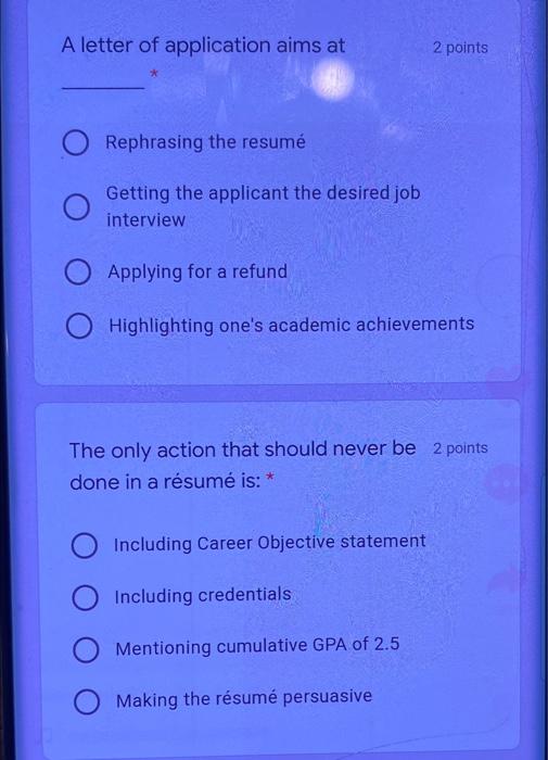 A letter of application aims at 2 points O