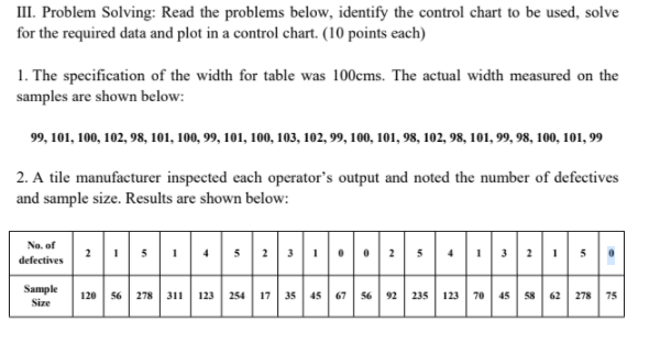 III. Problem Solving: Read the problems below,