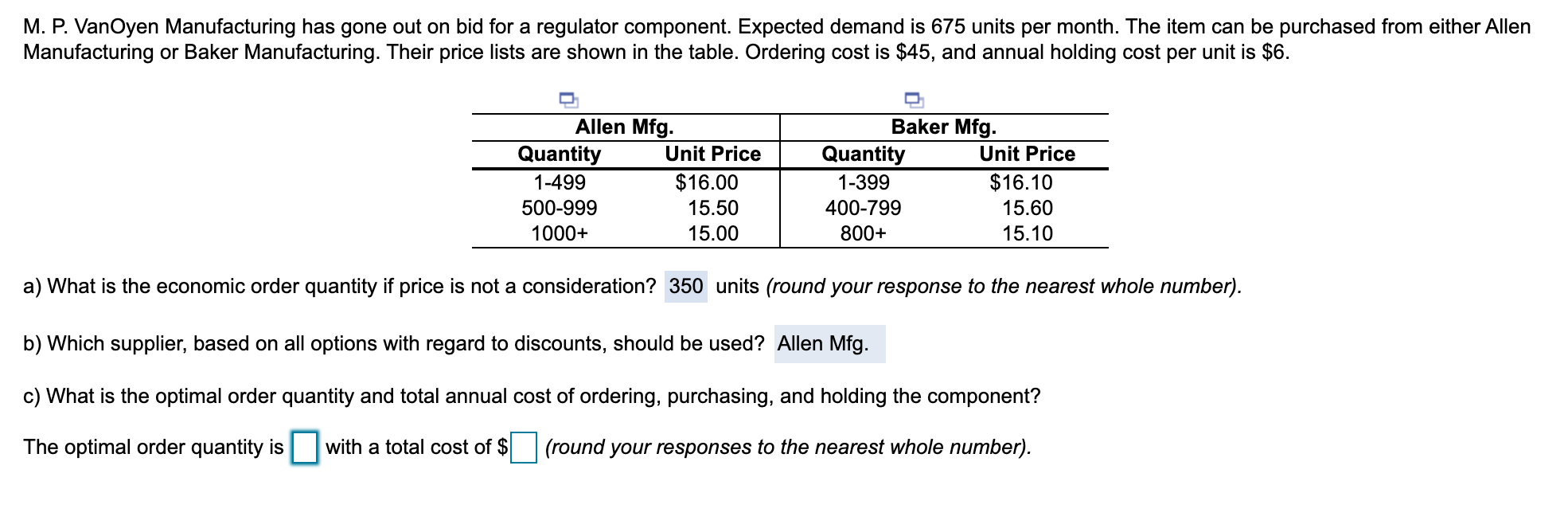 M. P. VanOyen Manufacturing has gone out on bid