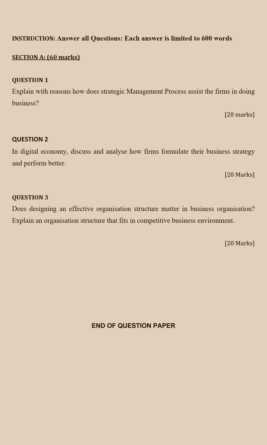 INSTRUCTION: Answer all Questions: Each answer is