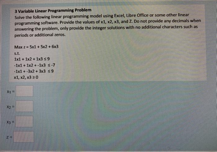 3 Variable Linear Programming Problem Solve the