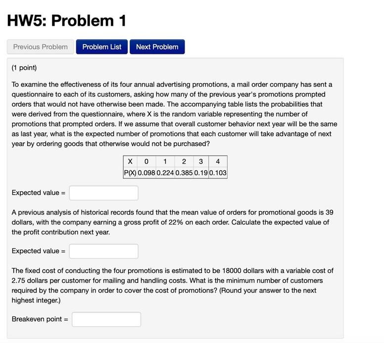 HW5: Problem 1 Previous Problem Problem List Next