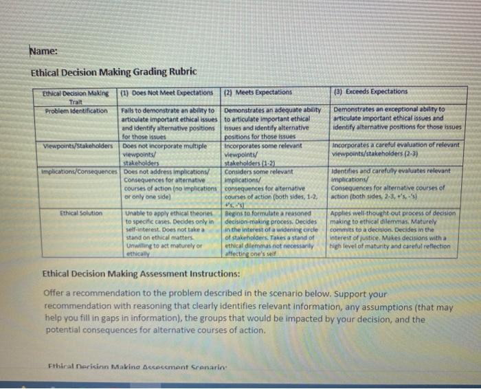 Name: Ethical Decision Making Grading Rubric (3)
