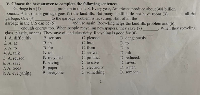 V. Choose the best answer to complete the