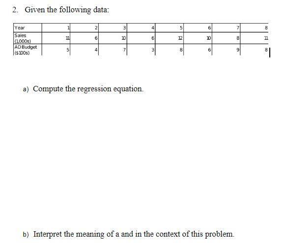 2. Given the following data: 7 Year Sales (1000s)
