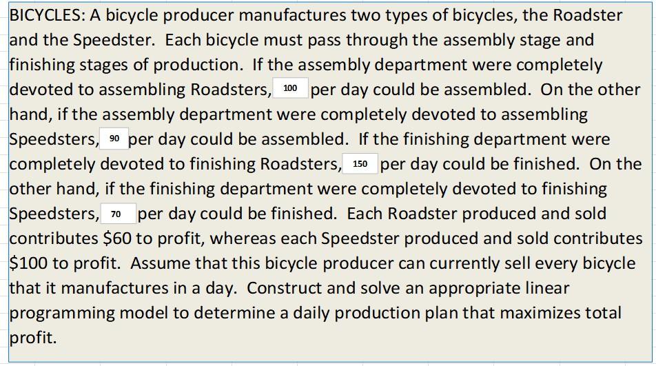 Solve this in excel BICYCLES: A bicycle producer