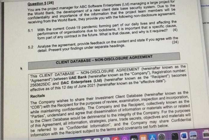 scribe Question 5 [28] You are the project