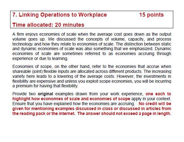 7. Linking Operations to Workplace 15 points Time