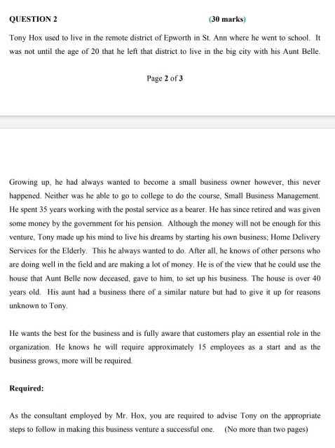 QUESTION 2 (30 marks) Tony Hox used to live in
