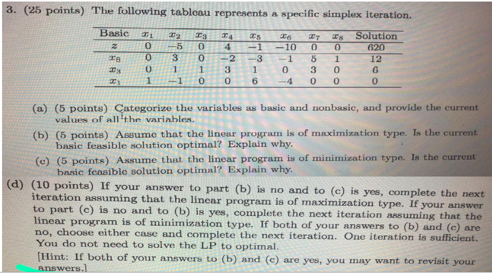 3. (25 points) The following tableau represents a