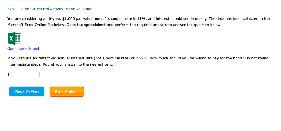 Excel Online Structured Activity: Bond valuation