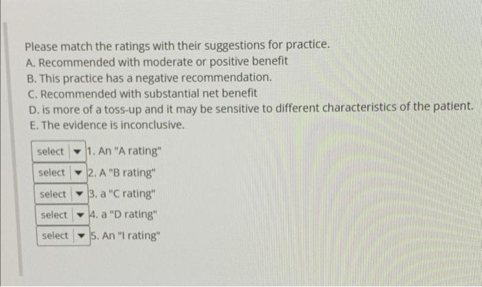 Please match the ratings with their suggestions