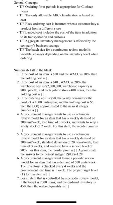 General Concepts T/F Ordering for n-periods is