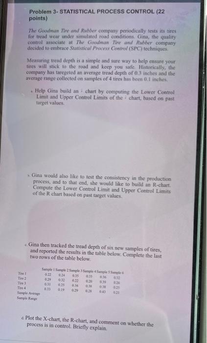 Problem 3-STATISTICAL PROCESS CONTROL (22 points)