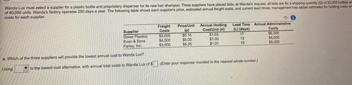 Wanda Lux must select a supplier for a plastic