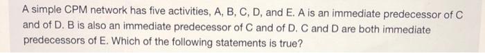 A simple CPM network has five activities, A, B,