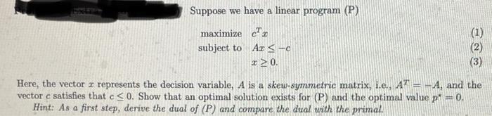 Suppose we have a linear program (P) maximize cu