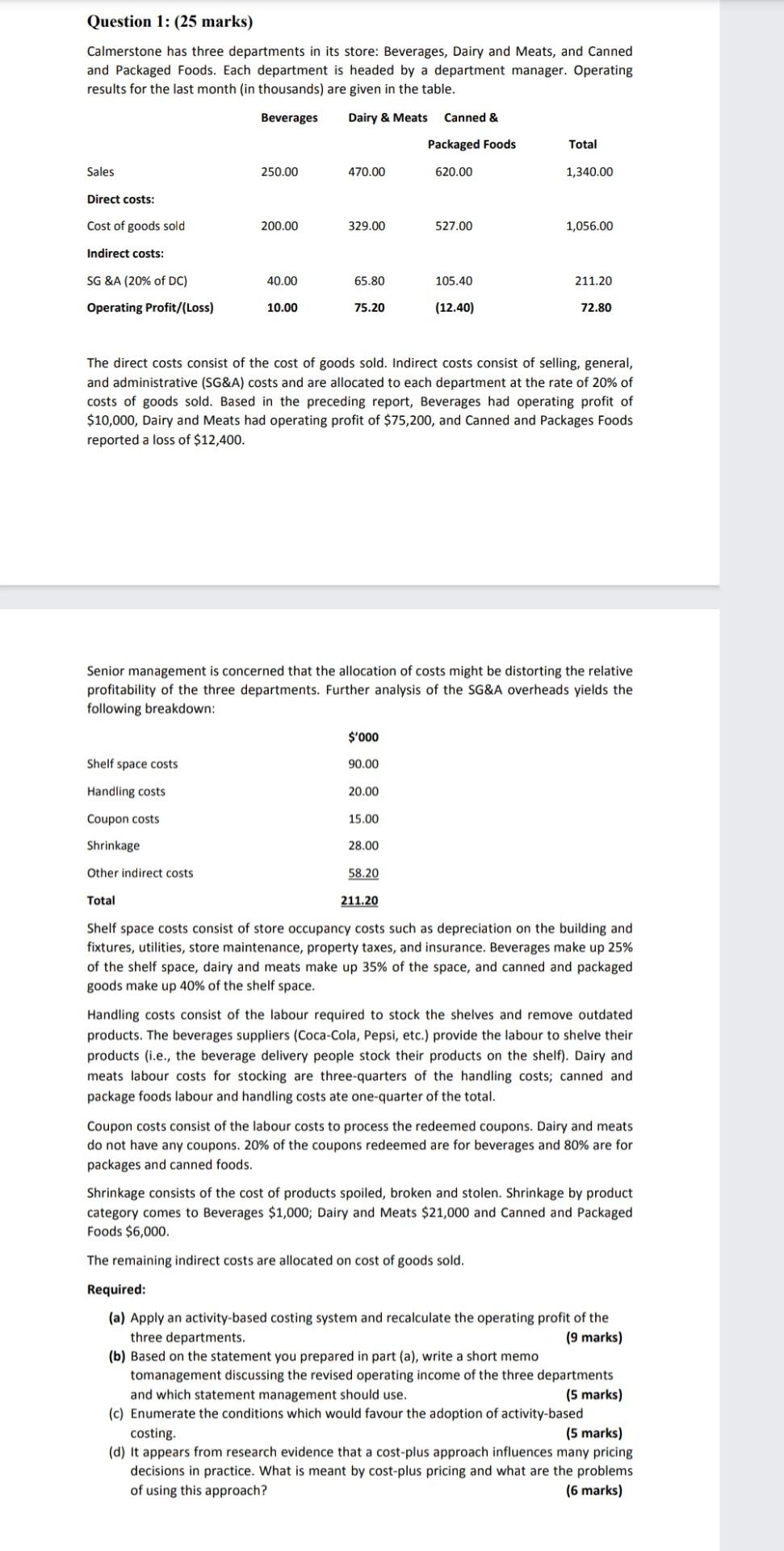 Activity based costing question This is the whole