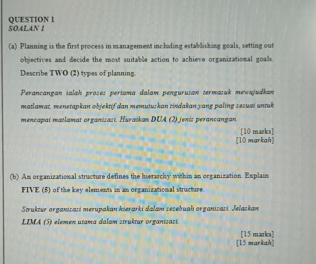 QUESTION 1 SOALANI (a) Planning is the first