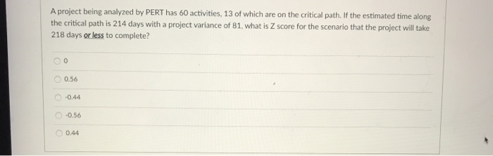 A project being analyzed by PERT has 60