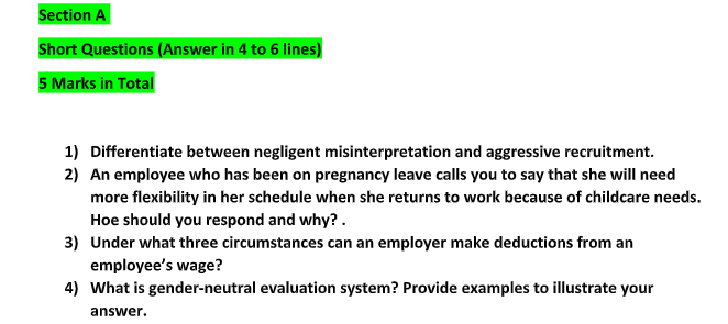 Section A Short Questions (Answer in 4 to 6