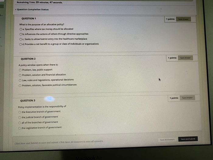 Remaining Time: 39 minutes, 47 seconds. Question